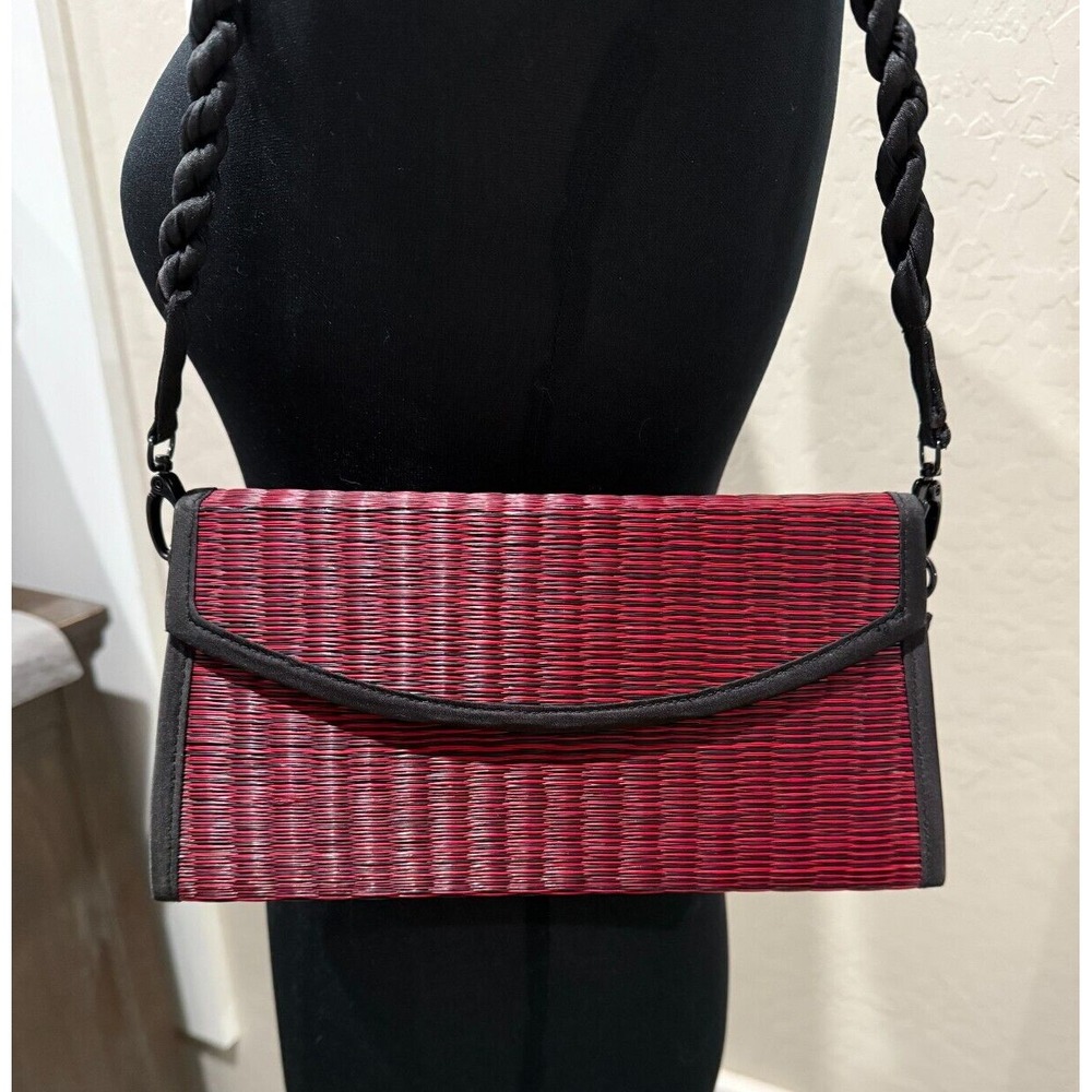 Baskets Of Cambodia Purse Clutch Red & Black Straw - Braided Shoulder Strap